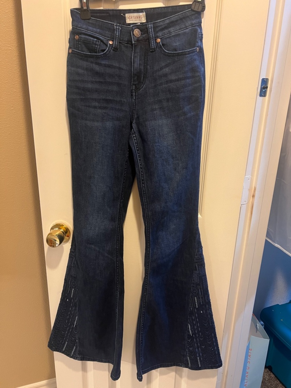 Dark Blue Women's Flare Jeans with Embroidered Hem - Shyanne